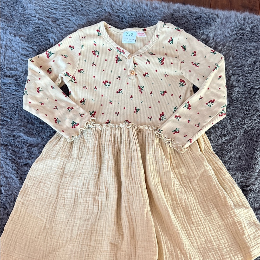 Zara Kids Cream Floral Long Sleeve Dress